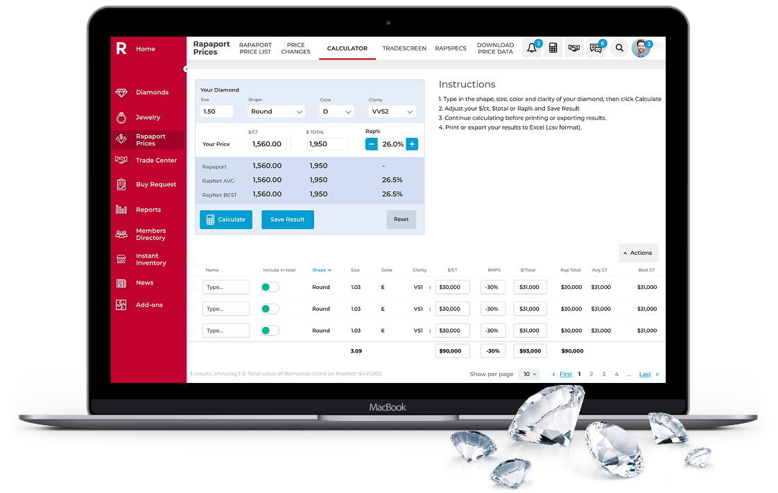 Rapaport diamond prices module image